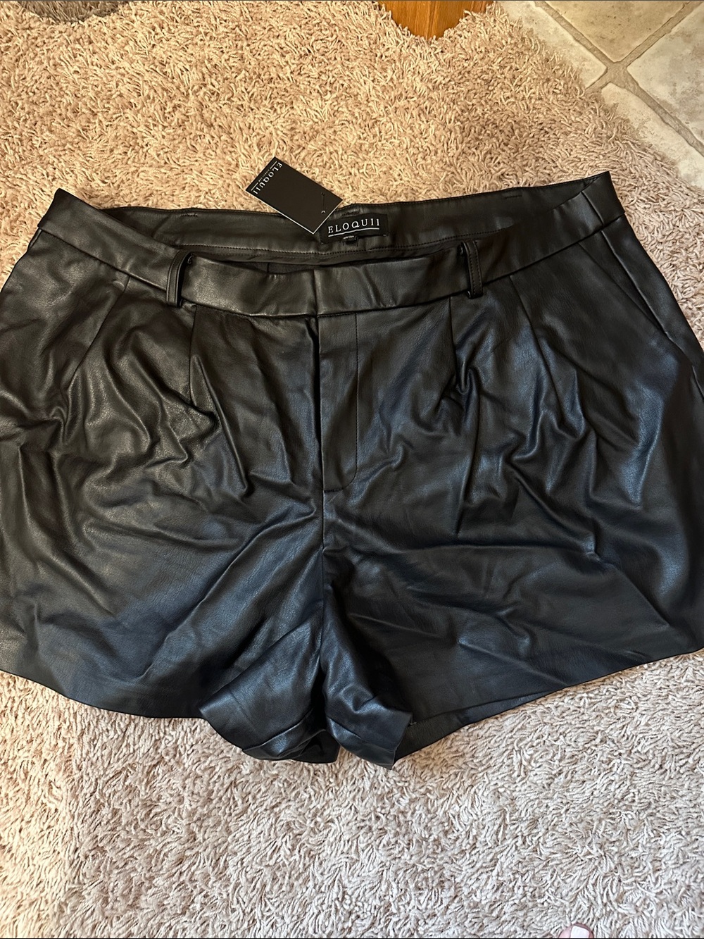 Eloquii Black Faux Leather High-Waist Pleated Women’s Shorts